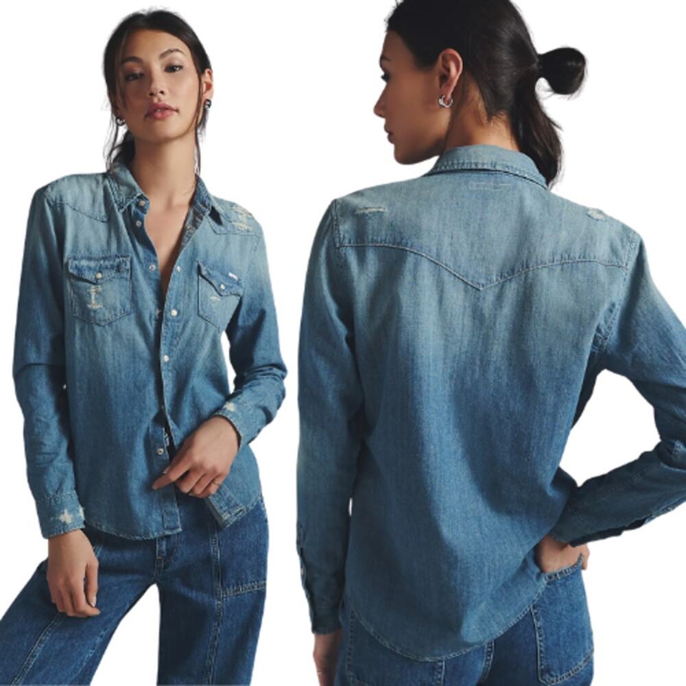 NEW Mother All My Ex's Distressed Snap Denim Shirt Jacket Blue Wash Size: Large